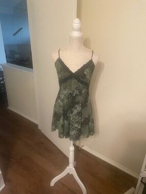 Urban Outfitters Lace Insert Green Floral Print Mesh Mini Dress
